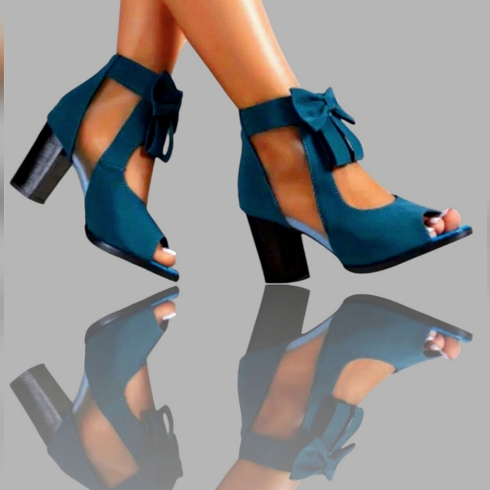 🆕Chic Top Bow w/Mesh Side Chunky Heel Shoe
